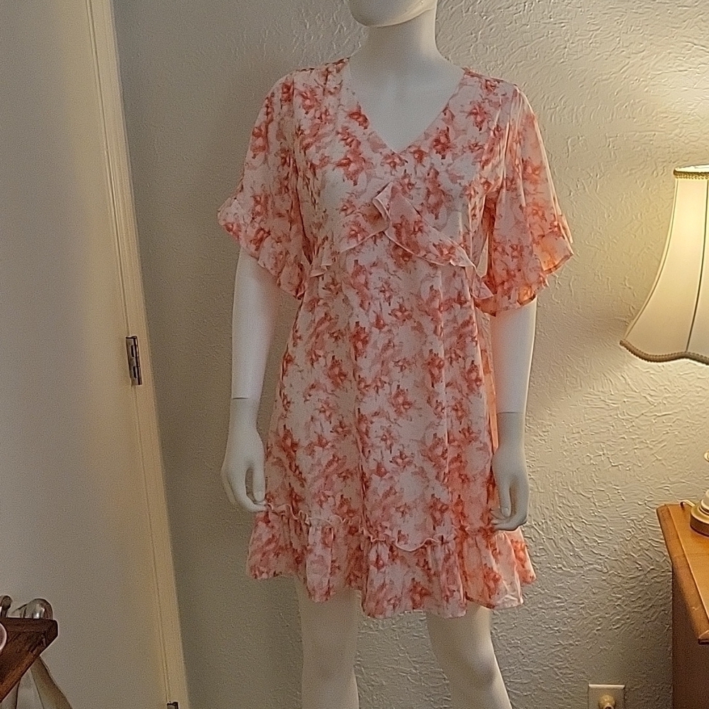 AGQT Flirty Coral Pink Watercolor Ruffle Mini Skater Dress Small - Picture 3 of 9
